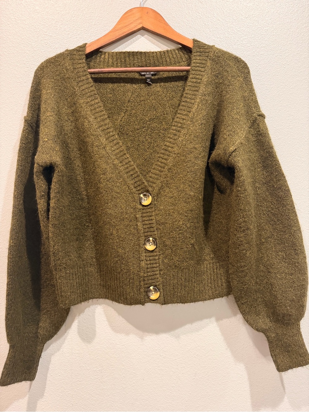 Topshop Olive Green V-Neck Button Cardigan Drop Shoulder Rib Bellowed Sleeve 4